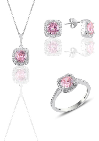 Gümüş Rodyumlu Pembe Taşlı Kare Üçlü Set