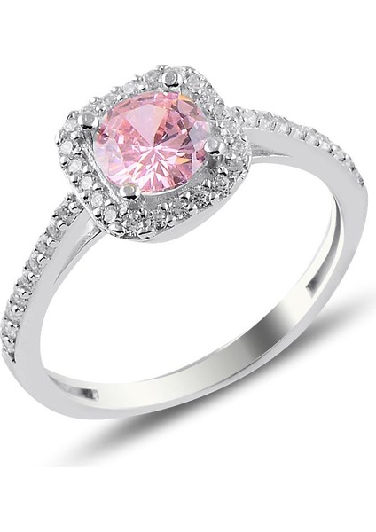 Gümüş Rodyumlu Pembe Taşlı Kare Üçlü Set modelleri