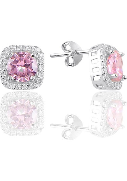 Gümüş Rodyumlu Pembe Taşlı Kare Üçlü Set fırsatları