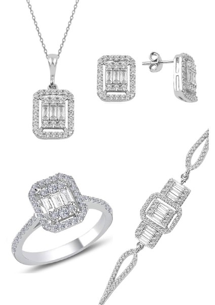 Gümüş Rodyumlu Baget Taşlı Dörtlü Set