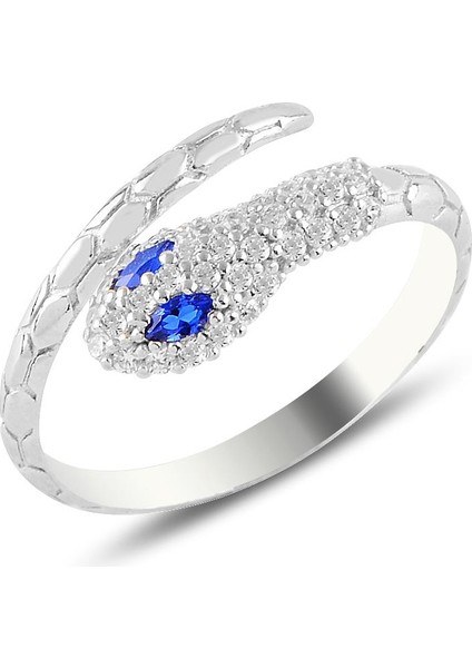 Gümüş Rodyumlu Safir ve Zirkon Taşlı Ayarlanabilir Yılan Yüzük