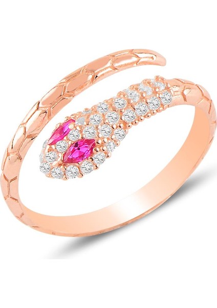 Gümüş Rose Kök Yakut ve Zirkon Taşlı Ayarlanabilir Yılan Yüzük