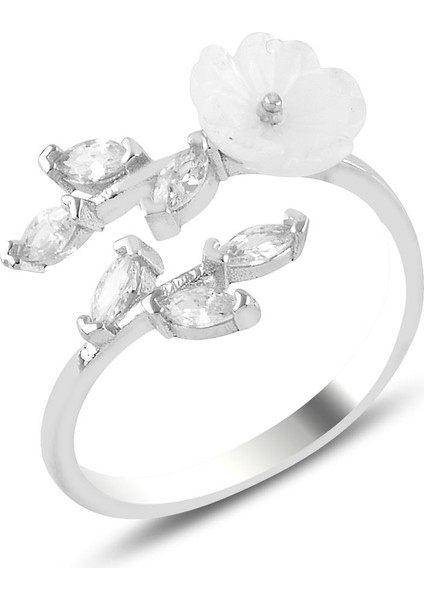 Gümüş Rodyumlu Yaldızlı Sedef Taşlı Yapraklı Manolya Çiçeği Yüzük.