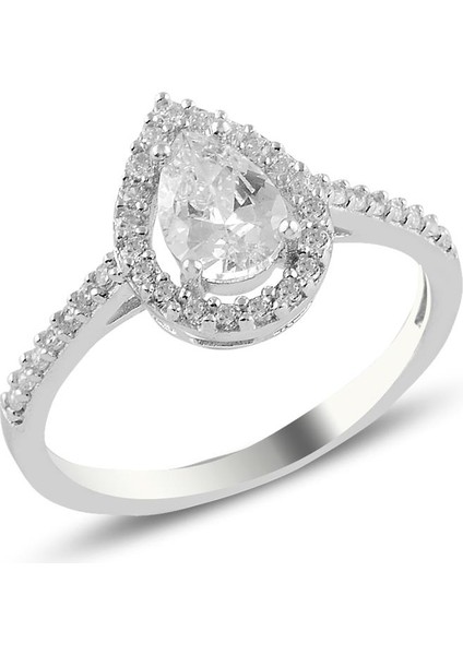 Gümüş Rodyumlu Zirkon Taşlı Damla Modeli Yüzük