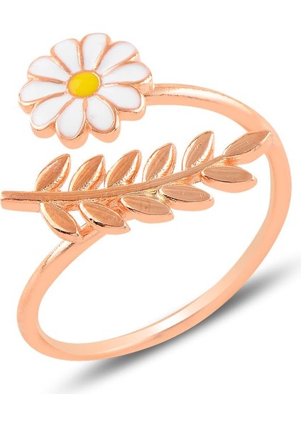 Gümüş Rose Mineli Yapraklı Papatya Yüzük