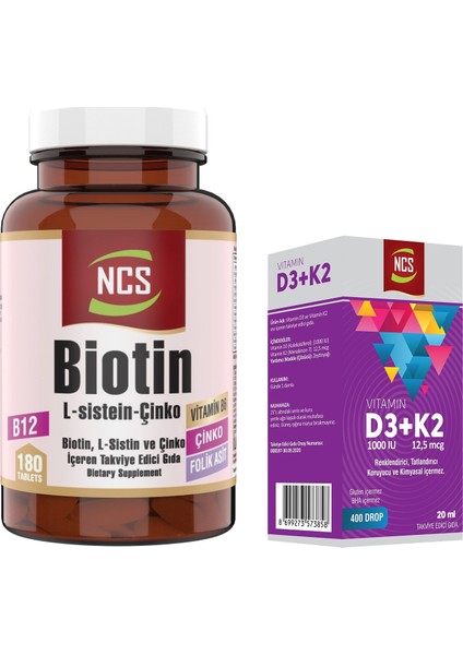 Biotin L Sistein Çinko Vitamin B1-B2-B5-B6 Folik Asit 60 Tablet & Ncs Vitamin D3 + K2 Damla 20 ml