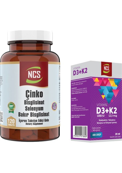 Çinko Bisglisinat Selenyum Bakır 120 Tablet & Ncs Vitamin D3 + K2 Damla 20 ml