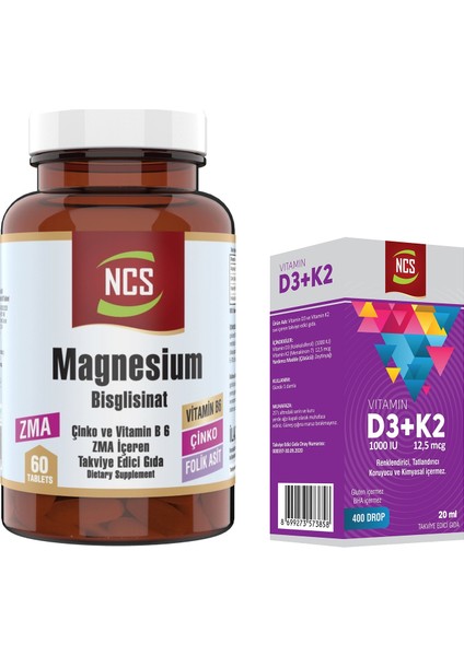 Zma Magnesium Bisglisinat 60 Tablet Çinko Folic Acid Vitamin B 6 & Ncs Vitamin D3 + K2 Damla 20 ml