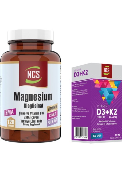 Zma Magnesium Bisglisinat Çinko Folic Acid Vitamin B 6 120 Tablet & Ncs Vitamin D3 + K2 Damla 20 ml