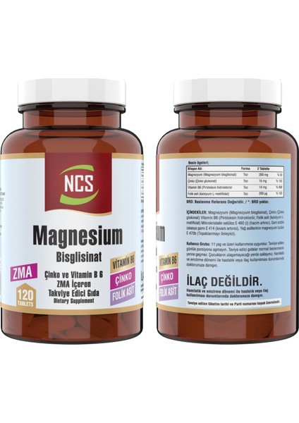 Zma Magnesium Bisglisinat Çinko Folic Acid Vitamin B 6 120 Tablet & Ncs Vitamin D3 + K2 Damla 20 ml