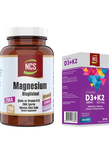 Zma Magnesium Bisglisinat Çinko Folic Acid Vitamin B 6 180 Tablet & Ncs Vitamin D3 + K2 Damla 20 ml