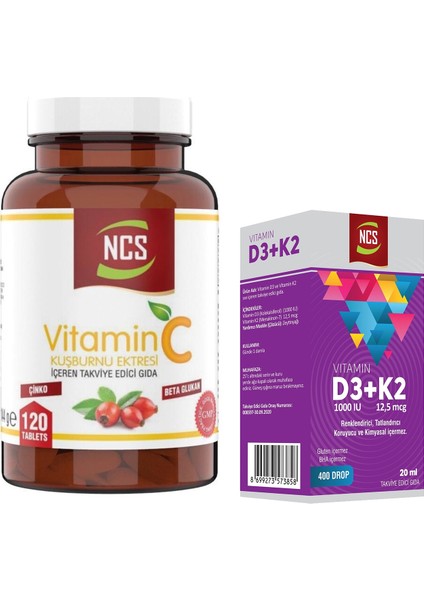 Vitamin C Kuşburnu Ekstresi Beta Glukan Içeren Takviye Edici Gıda 120 Tablet & Vitamin D3 + K2 Damla 20 ml