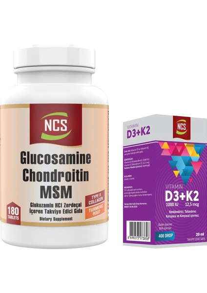 Glucosamine Chondroitin Msm Type Iı Collagen Turmeric 180 Tablet & Vitamin D3 + K2 Damla 20 ml