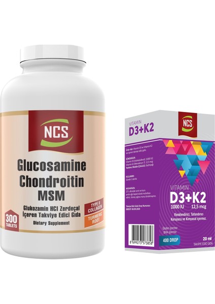 Glucosamine Chondroitin Msm Type Iı Collagen Turmeric 300 Tablet & Vitamin D3 + K2 Damla 20 ml