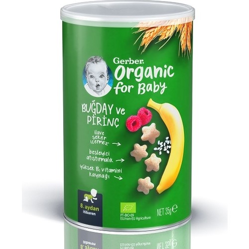 Gerber Organik Pirinçli Buğdaylı Muzlu ve Ahududulu Bebek ve Küçük Çocuk Atıştırmalığı 35 gr