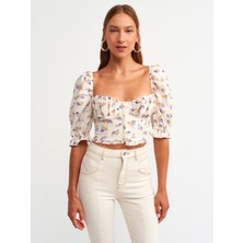 Dilvin 5861 Balon Kollu Crop Top-Mor