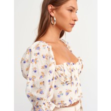 Dilvin 5861 Balon Kollu Crop Top-Mor