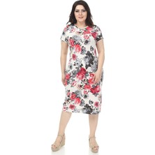 Modayız Ekru Çiçekli Cepli Büyük Beden Elbise 6D-1147