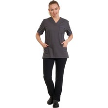Fbc Tekstil V Yaka Doktor Önlüğü Eczacı Önlüğü Laborant Önlüğü Hemşire Önlüğü Estetisyen Önlüğü Gri Kısa Kol Kadın Önlük