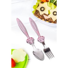 Ramdet Çocuk Çatak Kasık Seti Pembe 2'li Bebek Mama Seti Figürlü Çelik Çatal Kaşık