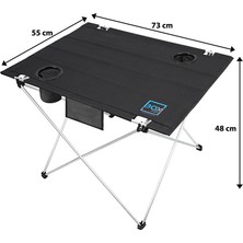 Box&Box Katlanabilir Kumaş Kamp ve Piknik Masası, Siyah, 2 Bardak Gözlü, Geniş 73 x 55 x 48 cm