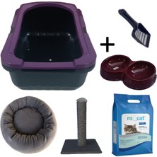 OPTIMAL Kedi Tuvalet Kabı Mor (5 Lt Kum + Kürek + Mor 50 cm Tırmalama + Mor Yatak ve Mor Çiftli Mama Kabı Seti)