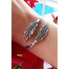 Antik Gümüş Kaplama Kuş Tüyü Şekilli El Yapımı Ayarlanabilir Bileklik
