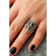 Fildişi Aksesuar Antik Gümüş Kaplama Kadın Motifli Kanat Şekilli El Yapımı Ayarlanabilir Yüzük