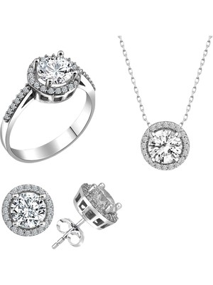 Söğütlü Silver Gümüş Swarovski Taşlı Pırlanta Modeli Yuvarlak Üçlü Set