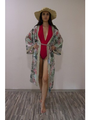 Nur Oskay Gri Desenli Maxi Kimono Standart - Gri