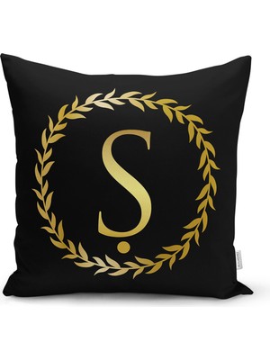 Real Homes Siyah Zemin Gold Yaprak Çerçeveli Ş Harfi Özel Tasarım Dijital Baskılı Yastık Kırlent Kılıfı