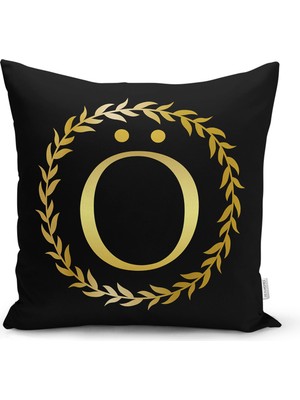 Real Homes Siyah Zemin Gold Yaprak Çerçeveli Ö Harfi Özel Tasarım Dijital Baskılı Yastık Kırlent Kılıfı