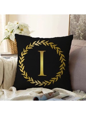 Real Homes Çift Taraflı Siyah Zemin Gold Yaprak Çerçeveli I Harfi Özel Tasarım Dijital Baskılı Şönil Yastık Kırlent Kılıfı