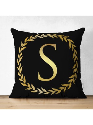 Real Homes Çift Taraflı Siyah Zemin Gold Yaprak Çerçeveli S Harfi Özel Tasarım Modern Süet Yastık Kırlent Kılıfı