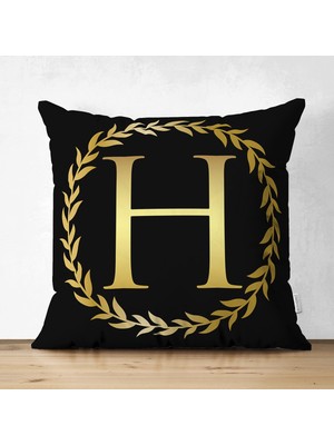 Real Homes Çift Taraflı Siyah Zemin Gold Yaprak Çerçeveli H Harfi Özel Tasarım Modern Süet Yastık Kırlent Kılıfı