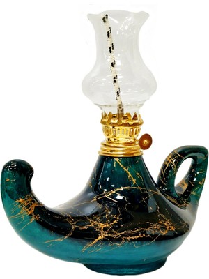 Ege Mermer Desenli Siyah/zümrüt Yeşil El Yapımı Kütahya Çinisi Gaz Lambası Büyük Aladdin Gaz Lambası