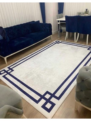 STY Home Vogue Kaymaz Tabanlı Yıkanabilir Halı Kilim Yolluk Beyaz Lacivert