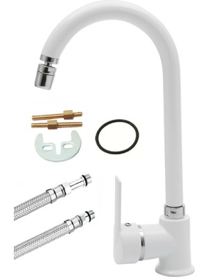 Armilla Armatür Sıcak Soğuk Çift Su Girişli Delta Lüx Gövde Beyaz Krom Mutfak Musluğu Bataryası Hareketli Başlıklı