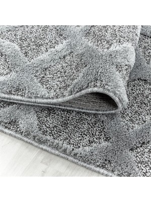 Carpettex Yuvarlak Modern Yumuşak Bukle Taban Kabartmalı 3D Izgara Desenli Halı Gri