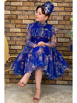 Riccotarz Kız Çocuk Çiçekli Prenses Mavi Elbise