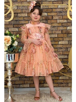 Riccotarz Kız Çocuk Çiçekli Prenses Somon Elbise