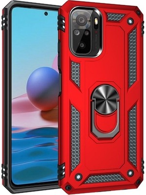 Tekno Grup Xiaomi Redmi Note 10 Kılıf Çift Katmanlı Yüzüklü Manyetik Vega Kapak Kırmızı + Tam Kaplayan 6d Nano Ekran Koruyucu
