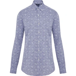 Erkek Lacivert Desenli Slim Fit Keten Gömlek