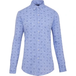 Erkek Mavi Desenli Slim Fit Keten Gömlek