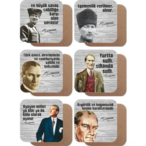 Hayat Poster Mustafa Kemal Atatürk 6lı Ahşap Bardak Altlığı Seti
