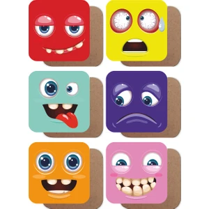 Hayat Poster Emoji Tasarımlı 6lı Ahşap Bardak Altlığı Seti