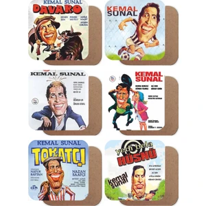 Hayat Poster Kemal Sunal Yeşilçam Afişleri Retro 6lı Ahşap Bardak Altlığı Seti