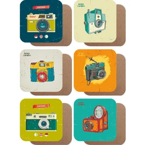 Hayat Poster Retro Fotoğraf Makineleri 6lı Ahşap Bardak Altlığı Seti
