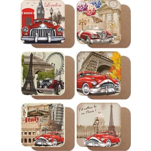 Hayat Poster Londra Paris Roma Klasik Arabalar 6lı Ahşap Bardak Altlığı Seti