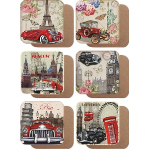 Hayat Poster Paris Roma Londra Moskova Newyork Klasik Arabalar 6lı Ahşap Bardak Altlığı Seti